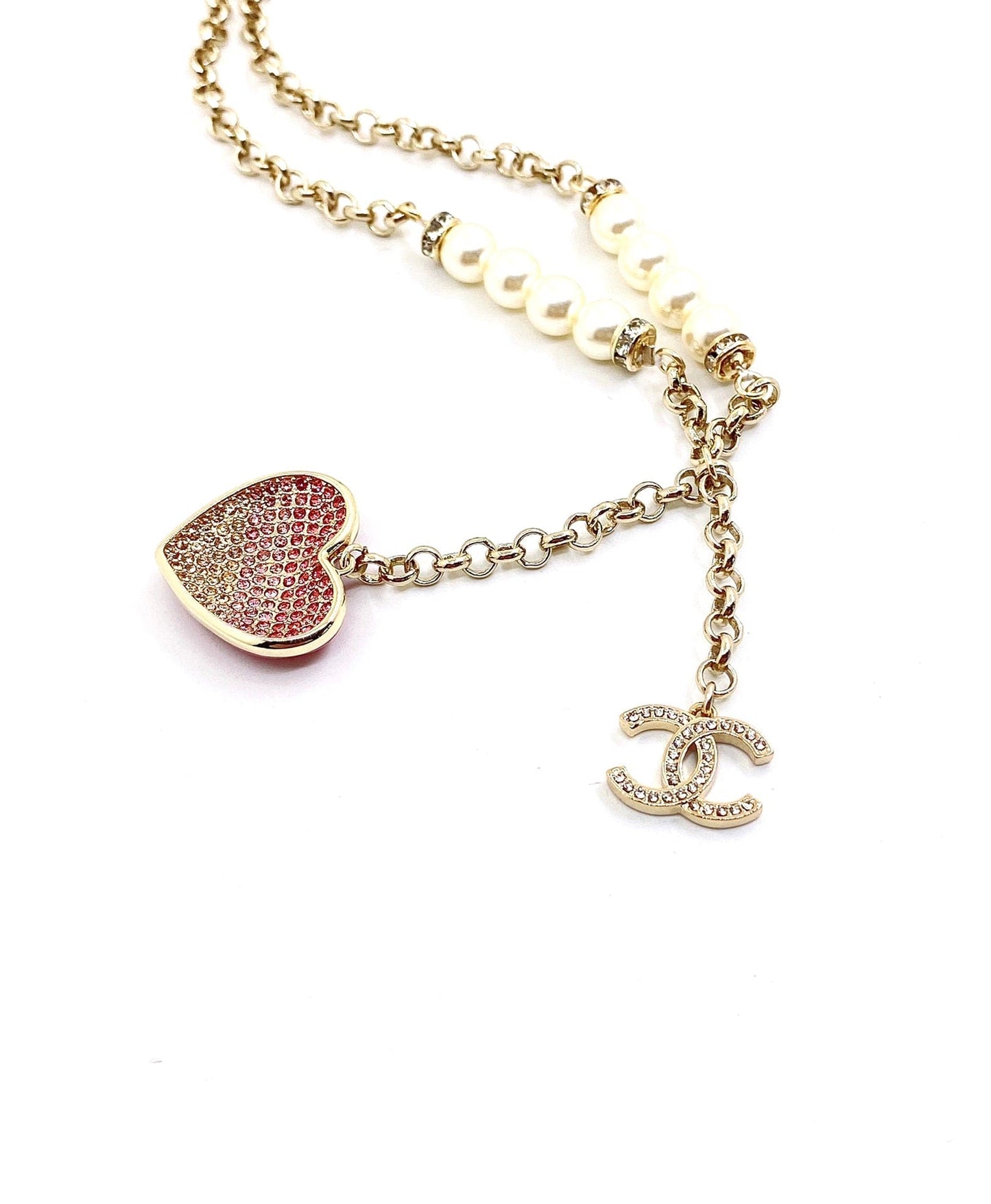 18K Chanel Pink Heart Diamonds Necklace