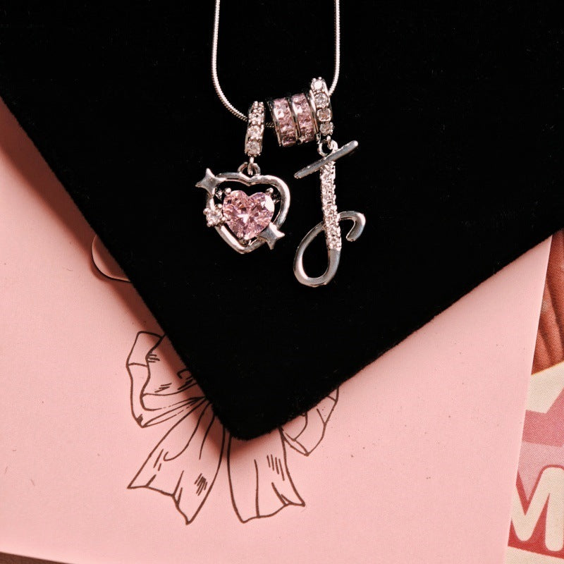 Initial & Pink Crystal Necklace - Silver