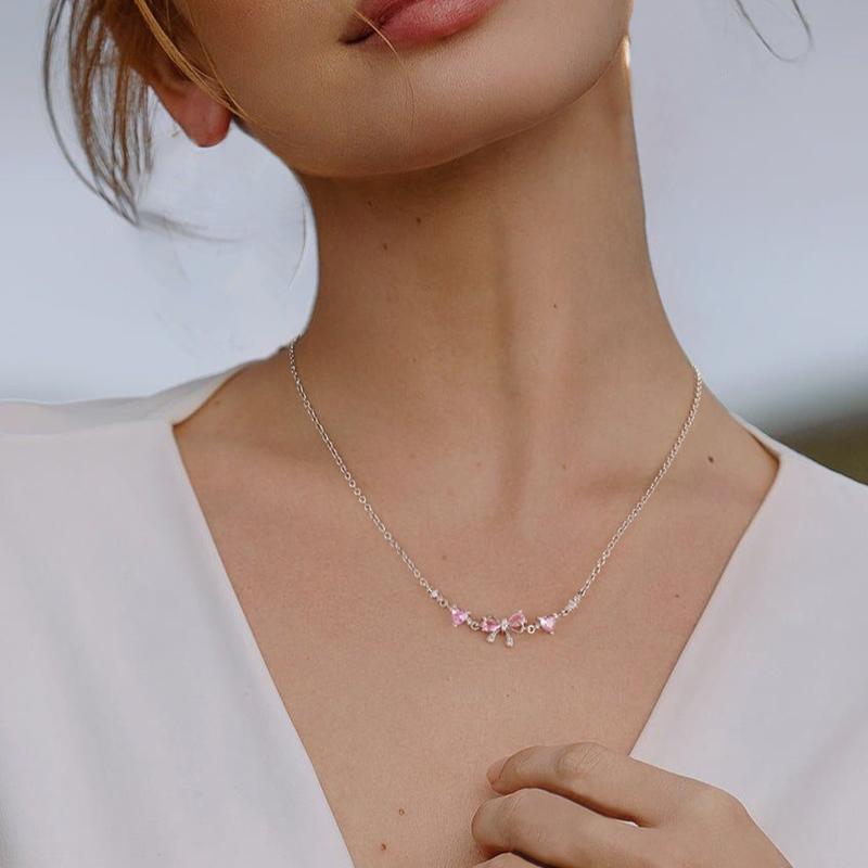 Dainty Pink Bow Crystal Necklace