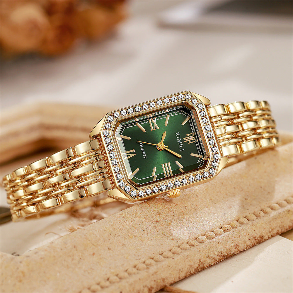 Sparkling Square Gold Watch with Crystal Bezel