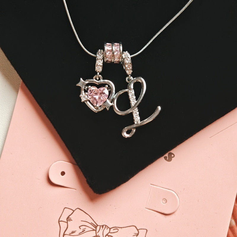 Initial & Pink Crystal Necklace - Silver