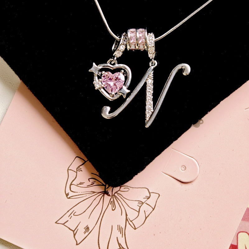 Initial & Pink Crystal Necklace - Silver