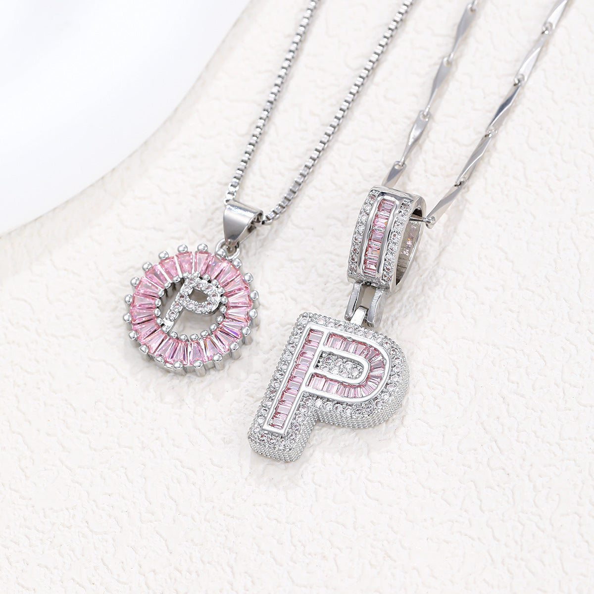 2-Pack Pink CZ Initial Necklaces