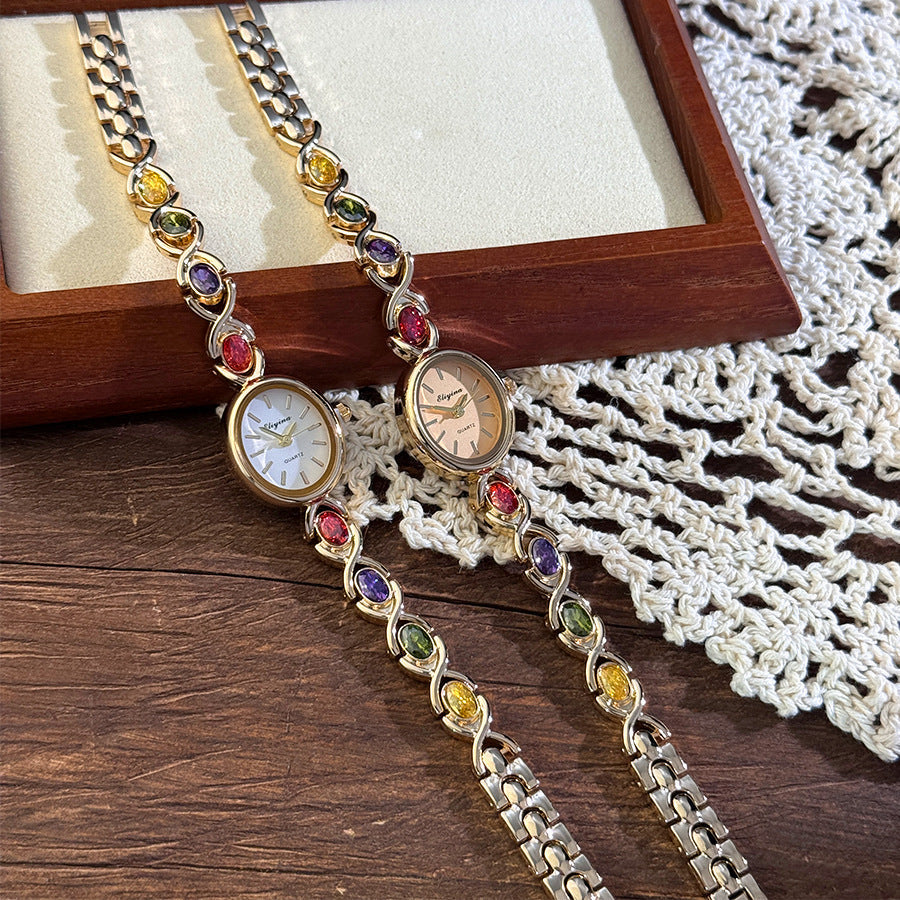 Retro Oval Quartz Watch with Multicolored Crystal Bracelet