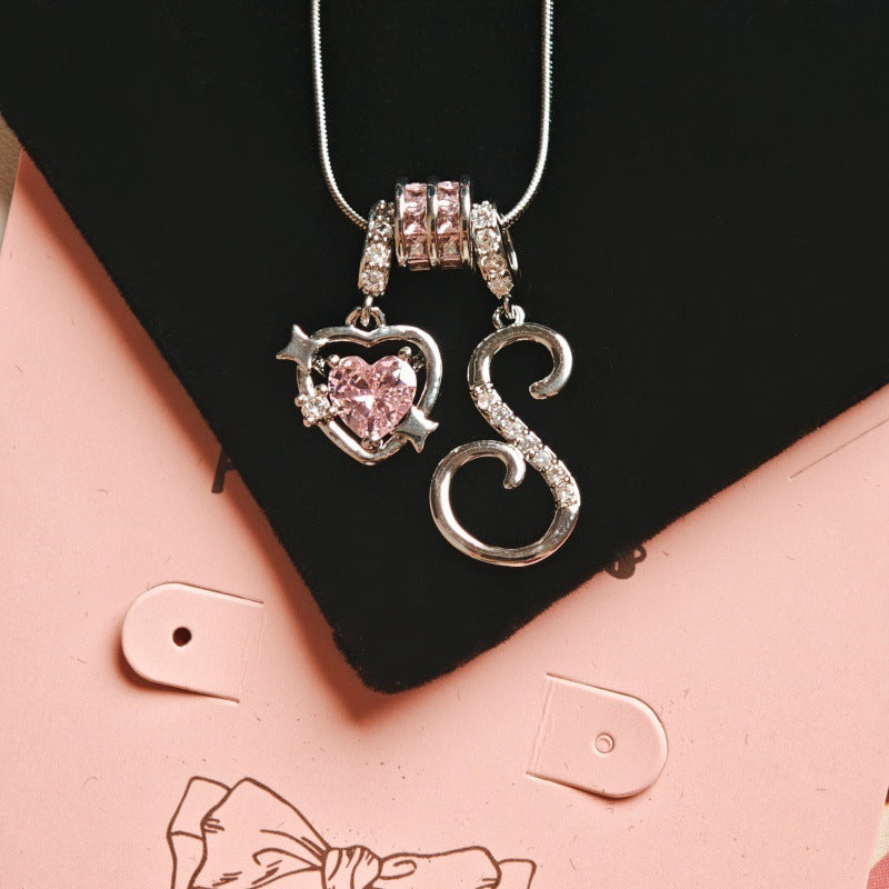 Initial & Pink Crystal Necklace - Silver