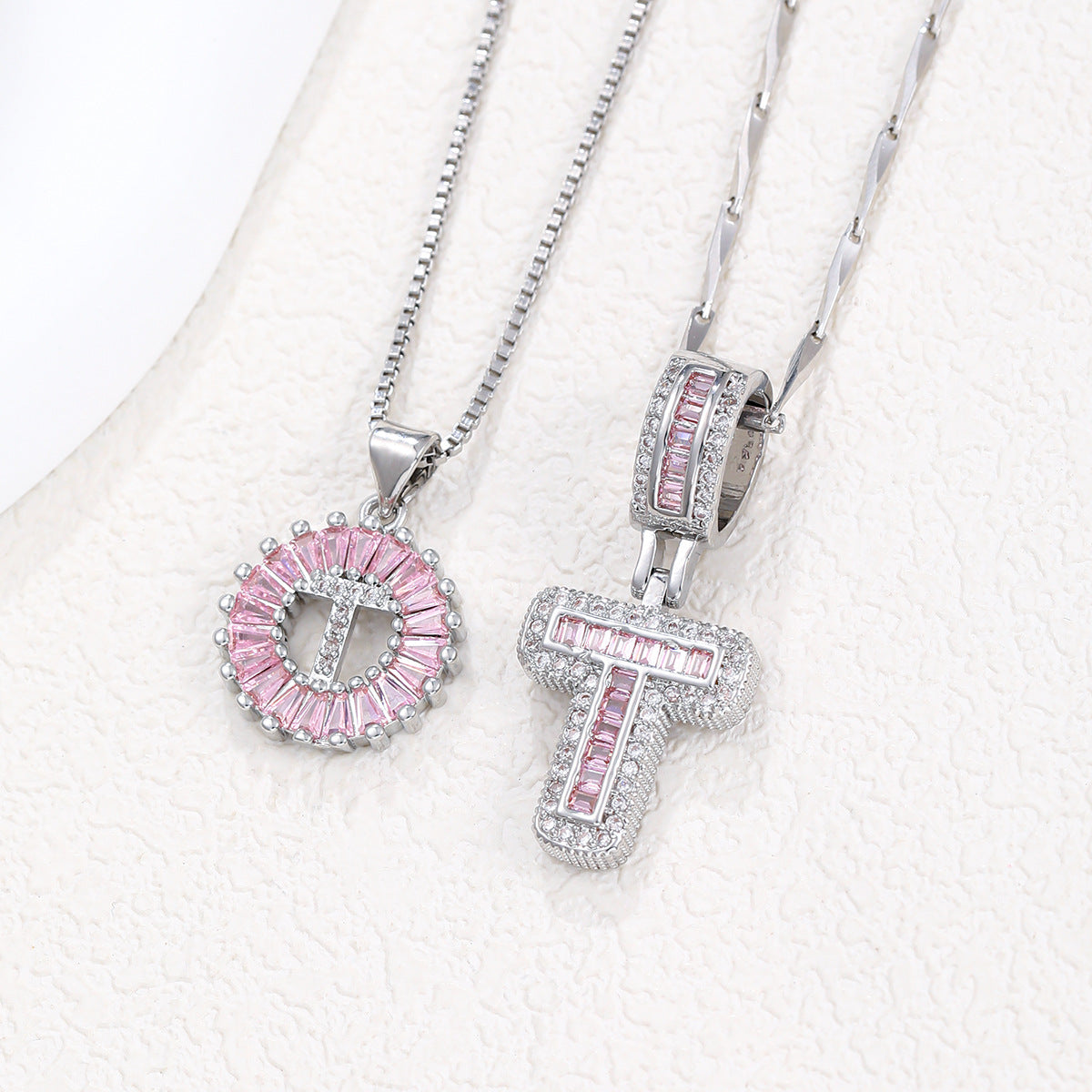 2-Pack Pink CZ Initial Necklaces