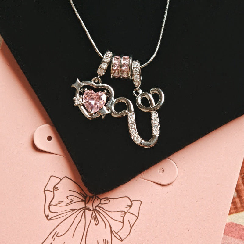 Initial & Pink Crystal Necklace - Silver