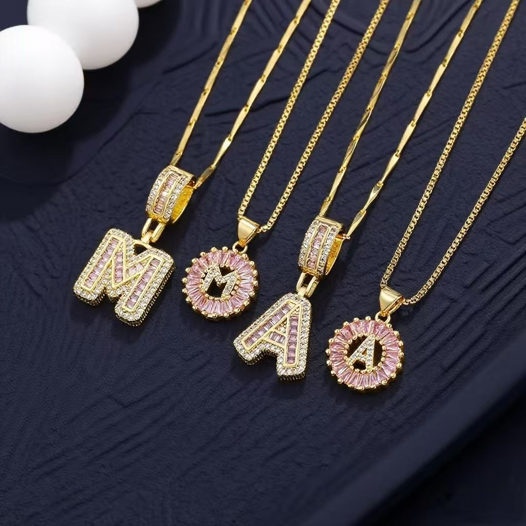 2-Pack Pink CZ Initial Necklaces