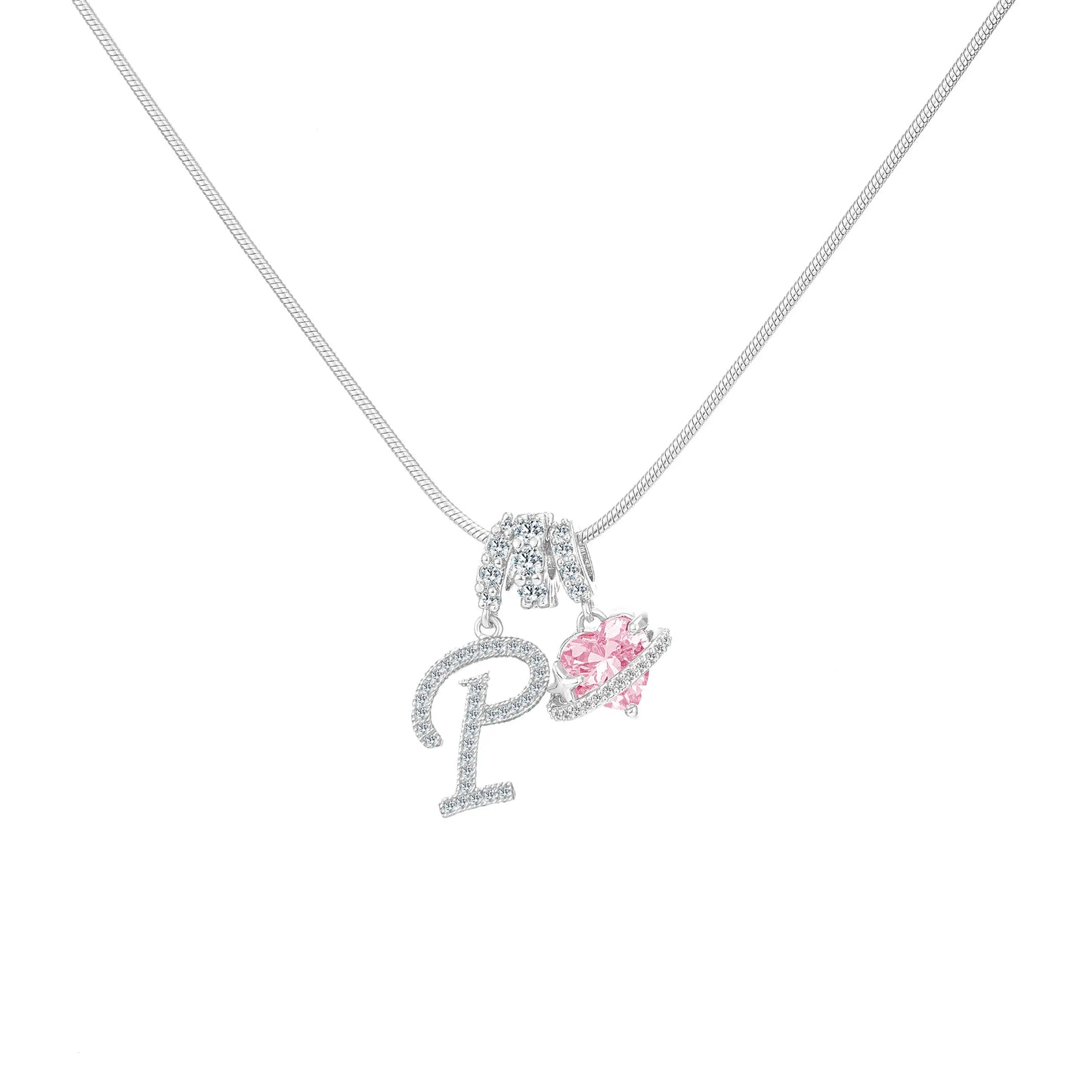 Shimmering Initial & Pink Heart Pendant Necklace