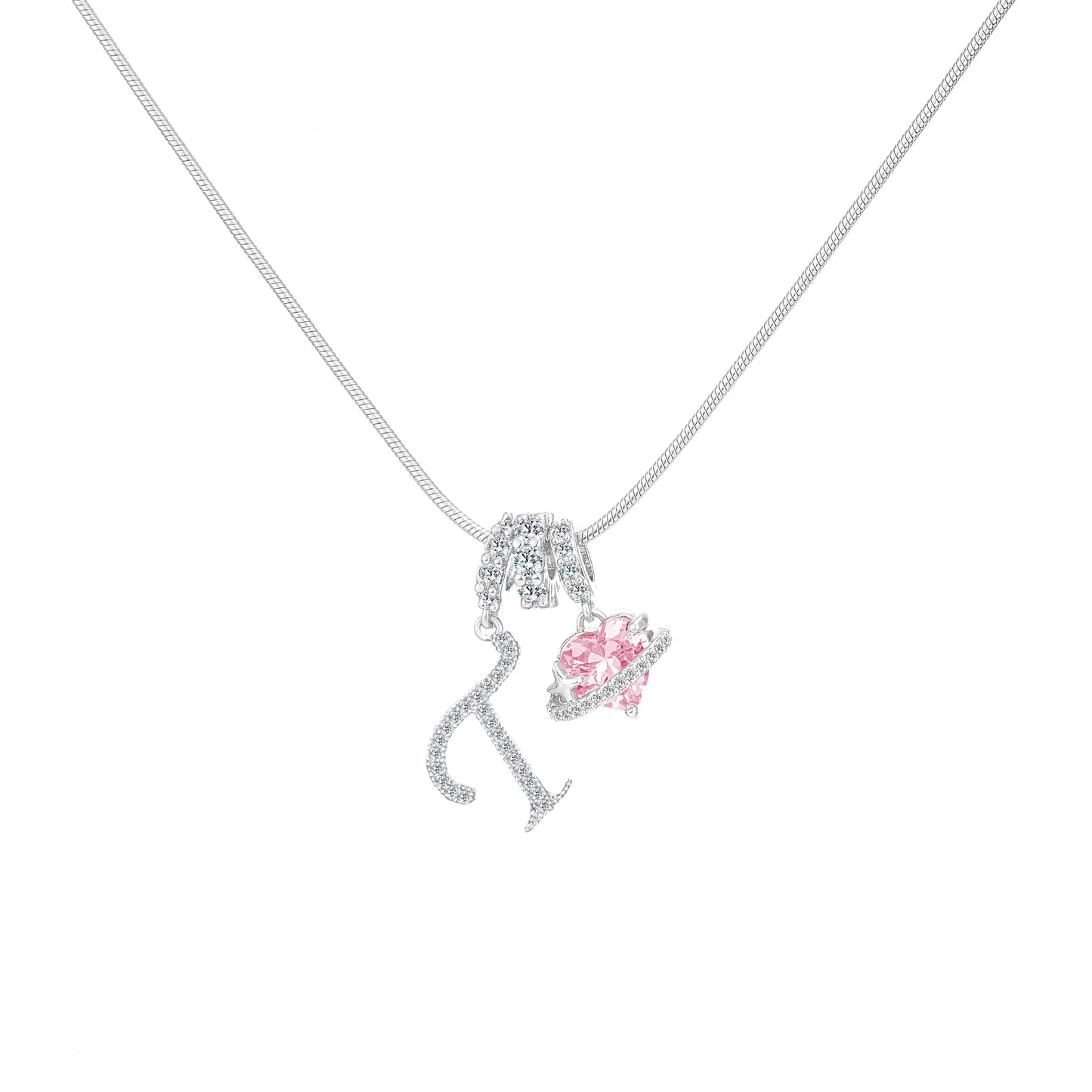 Shimmering Initial & Pink Heart Pendant Necklace