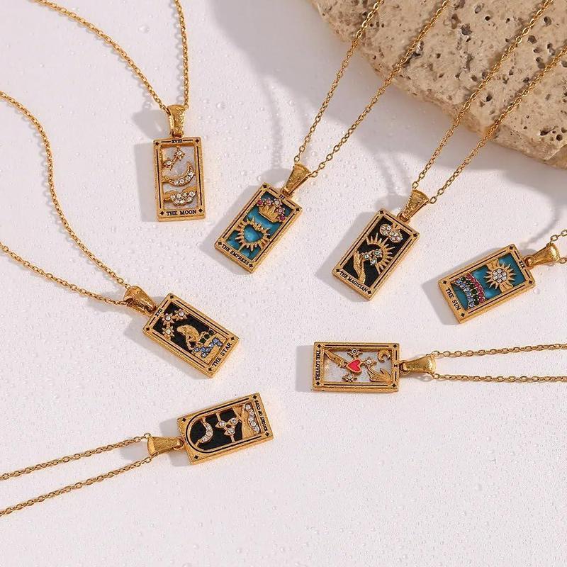 Square Tarot Enamel Titanium Steel Necklace