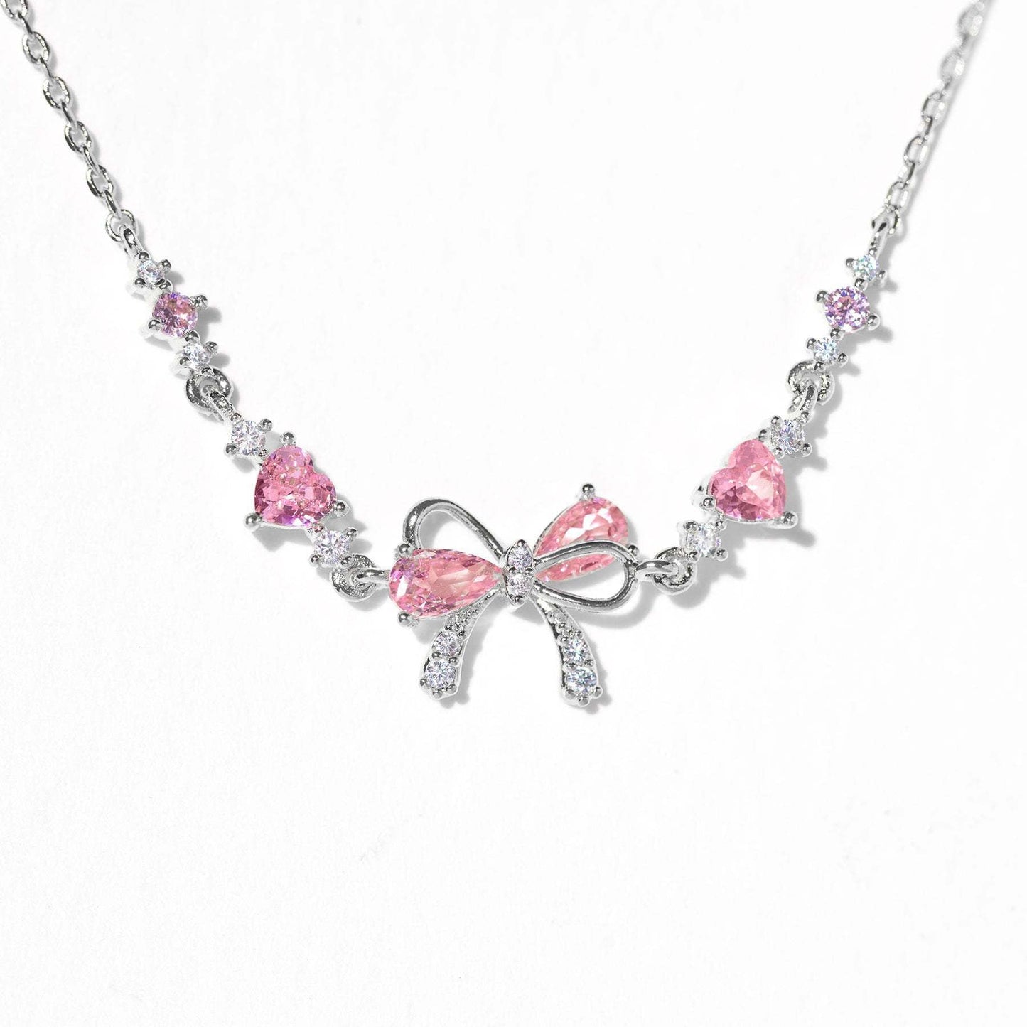 Dainty Pink Bow Crystal Necklace