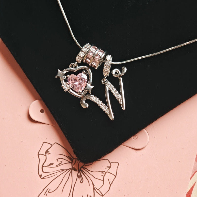 Initial & Pink Crystal Necklace - Silver