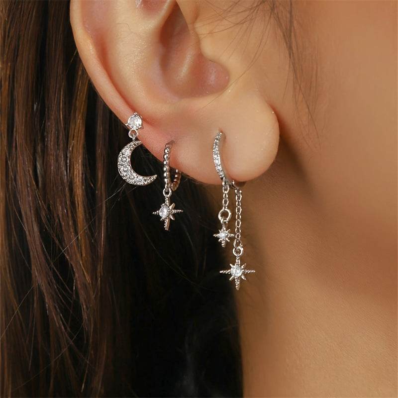Stackable Hexagram and Moon Earrings Set
