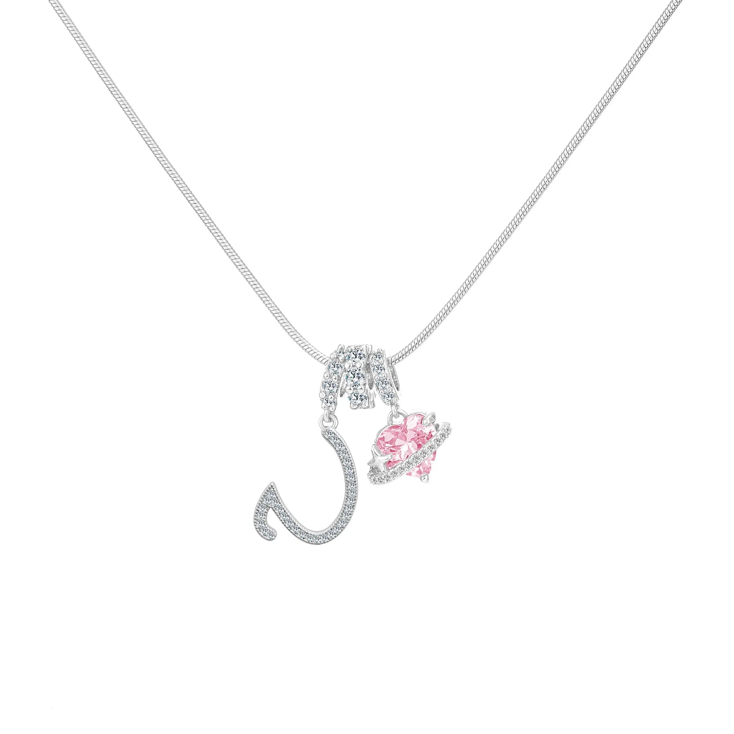 Shimmering Initial & Pink Heart Pendant Necklace