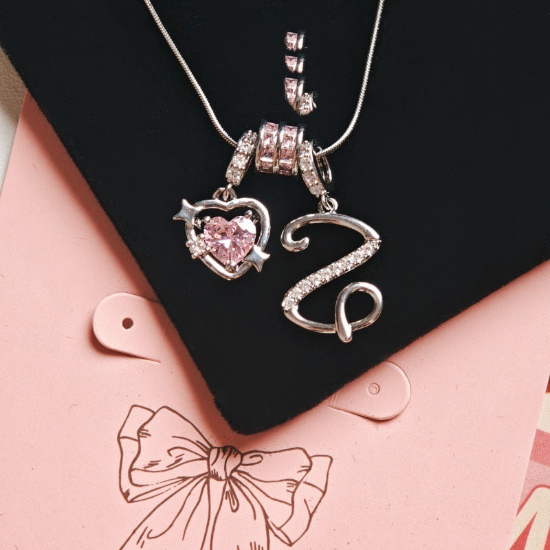 Initial & Pink Crystal Necklace - Silver