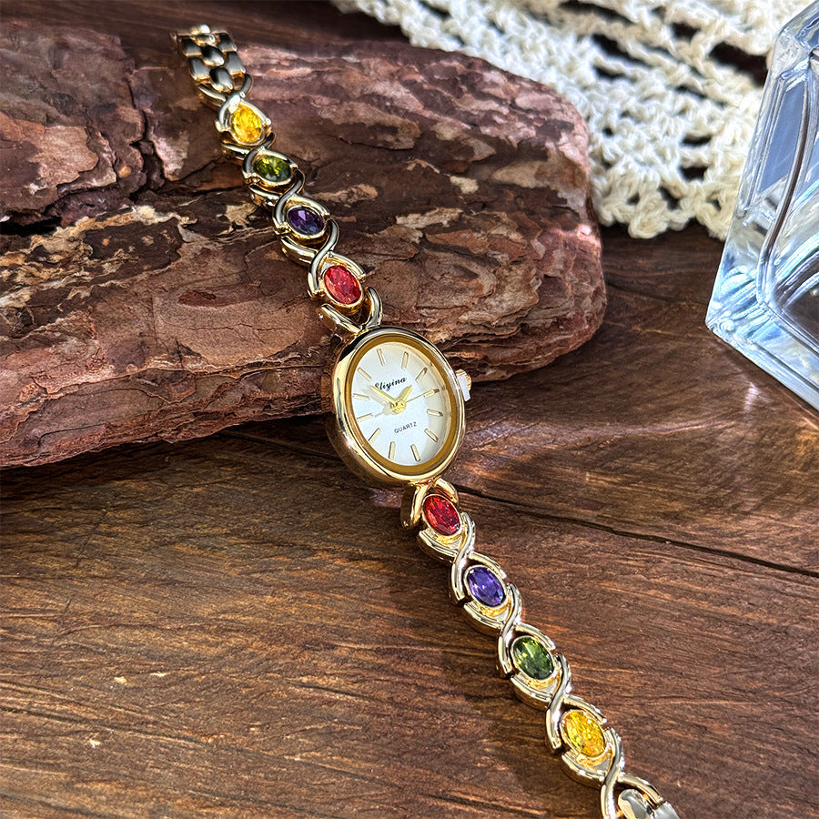 Retro Oval Quartz Watch with Multicolored Crystal Bracelet