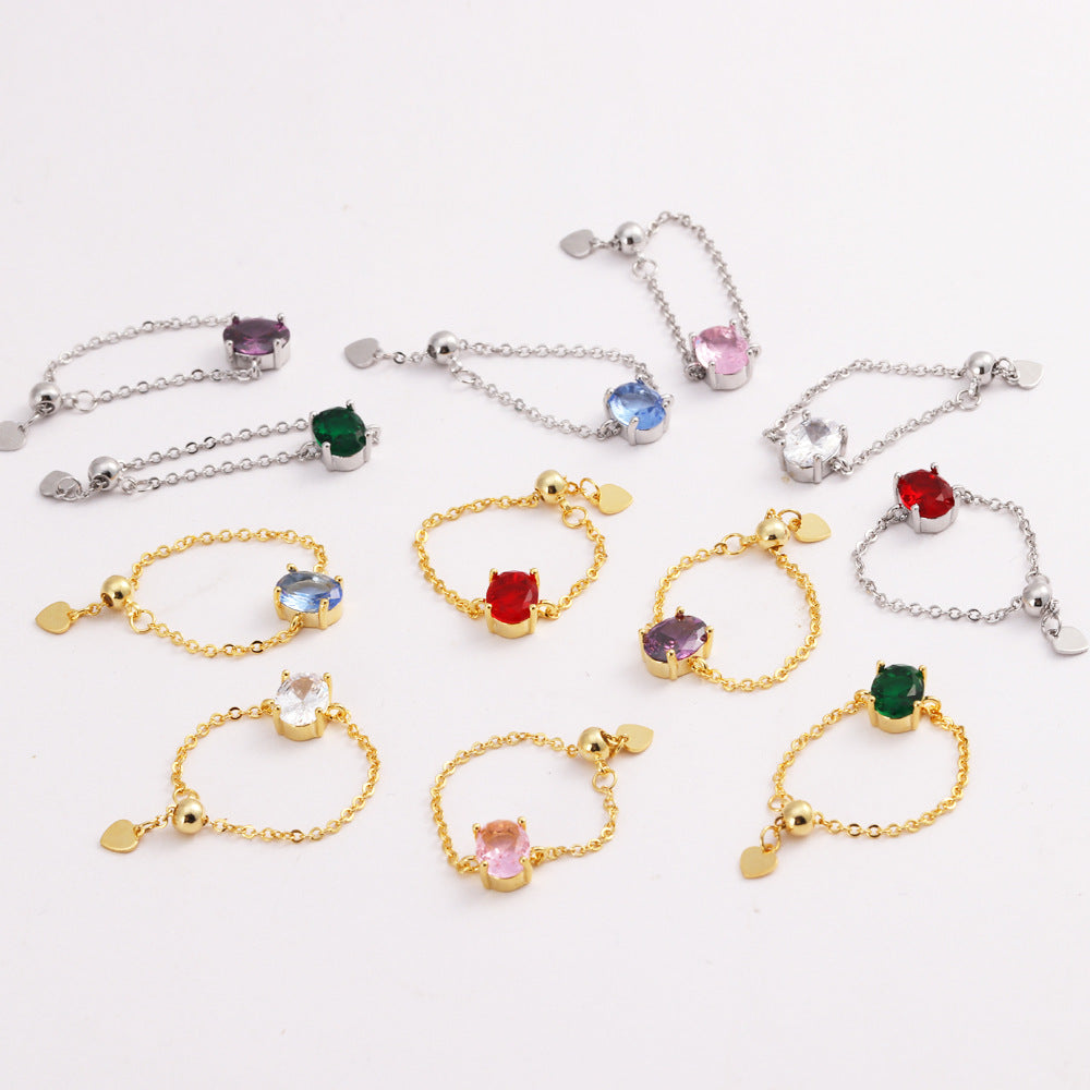 Adjustable Oval Colorful CZ Chain Slider Ring