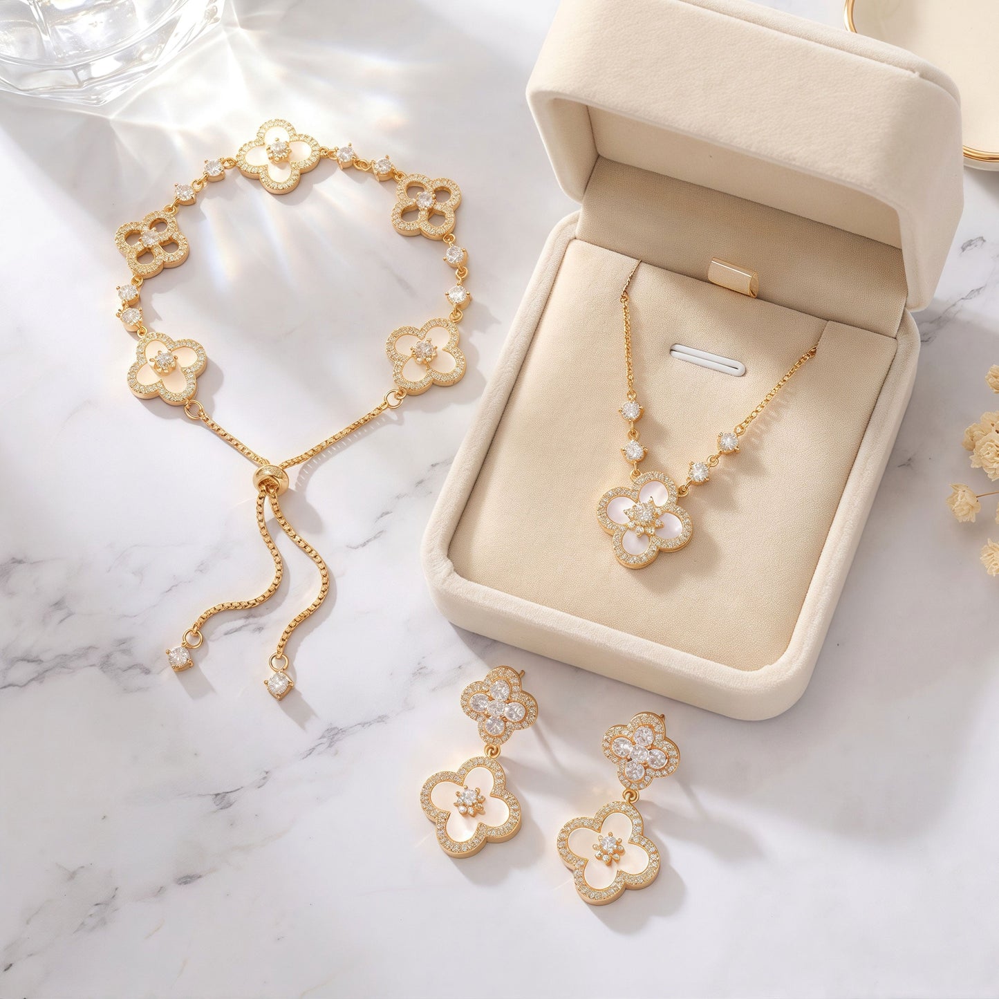 Dainty Pink Clover Lucky Jewelry Set