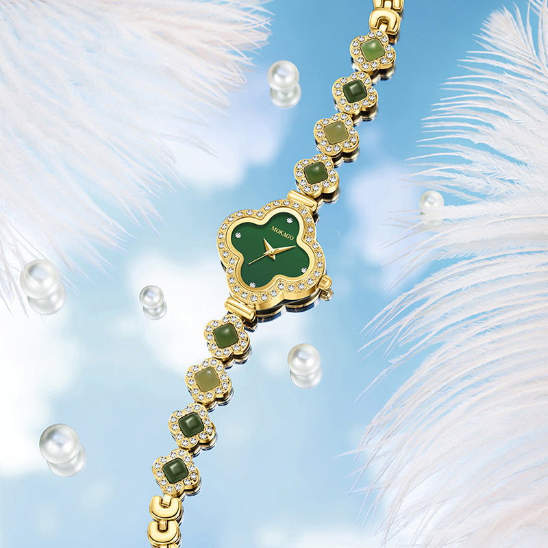 Jade?Decorated Clover Waterproof Watch
