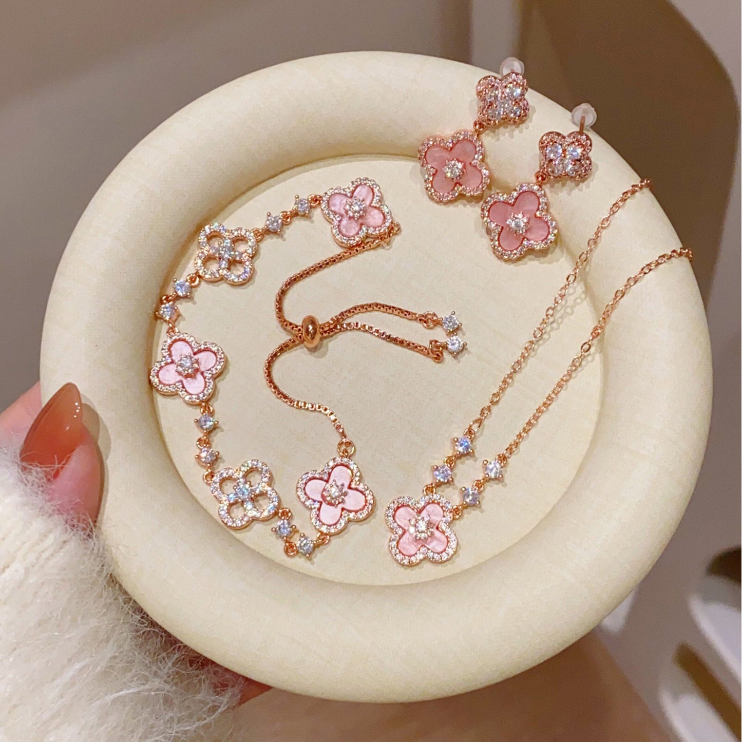 Dainty Pink Clover Lucky Jewelry Set