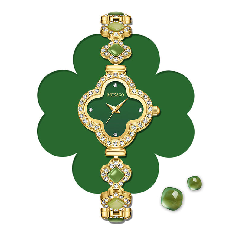 Jade?Decorated Clover Waterproof Watch