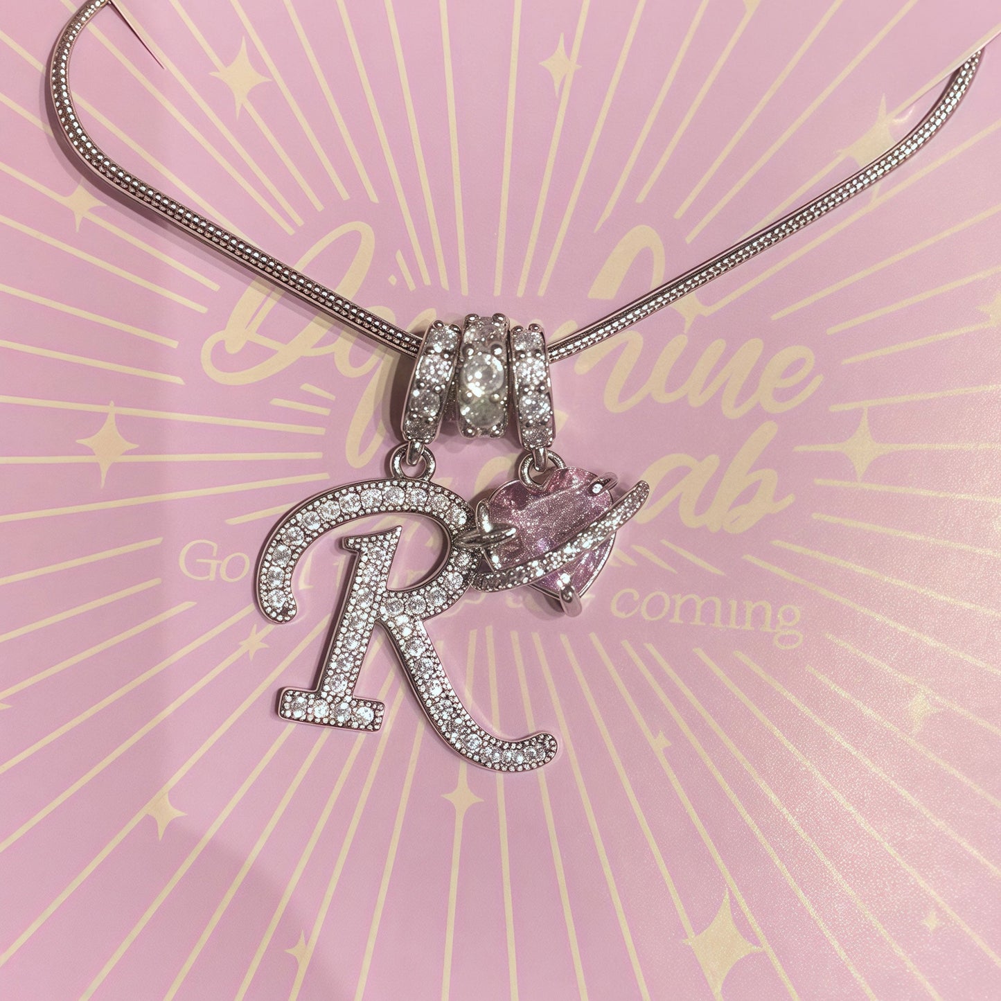 Shimmering Initial & Pink Heart Pendant Necklace