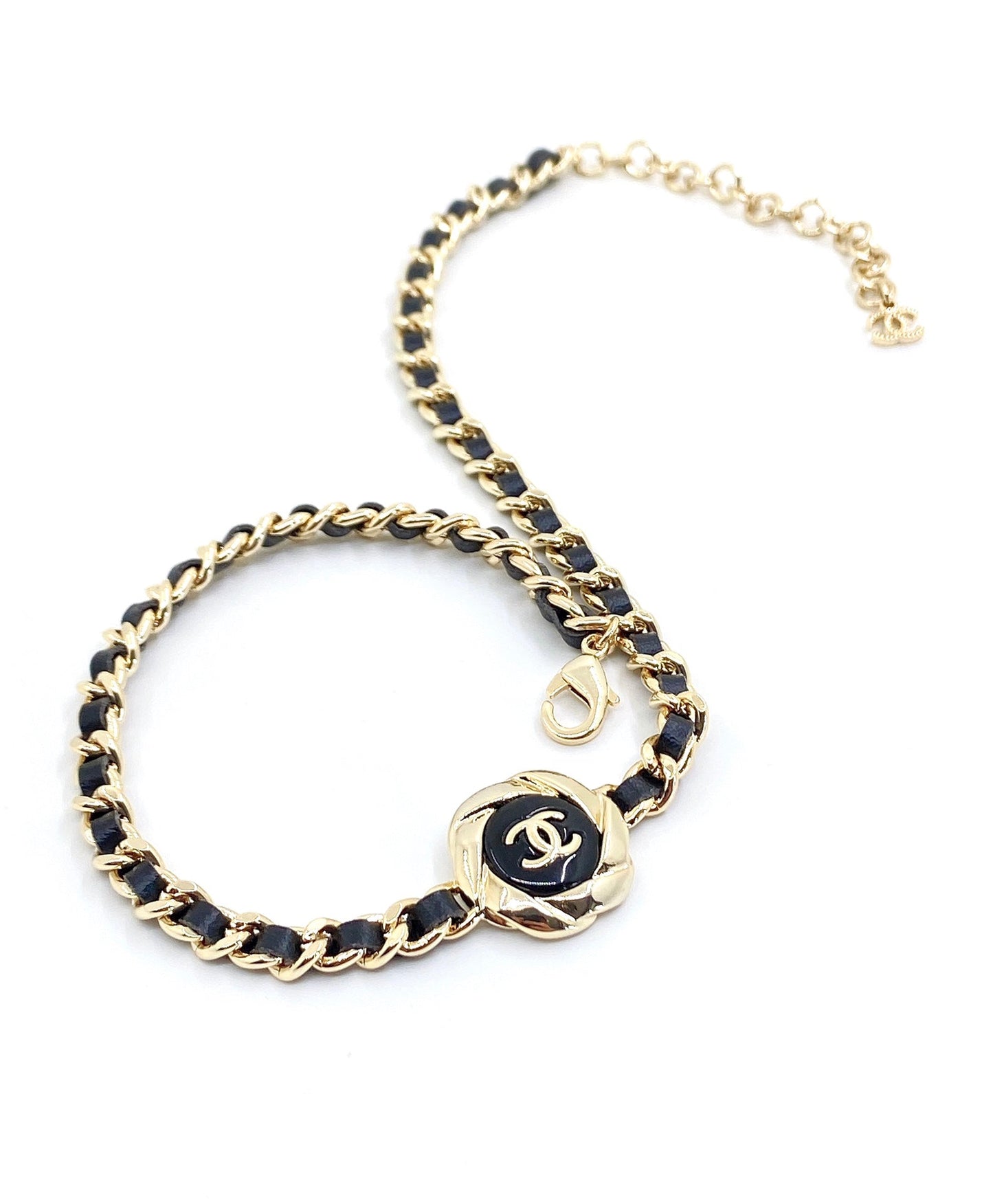 18K  Chanel Rhinestone Leather Choker Necklace