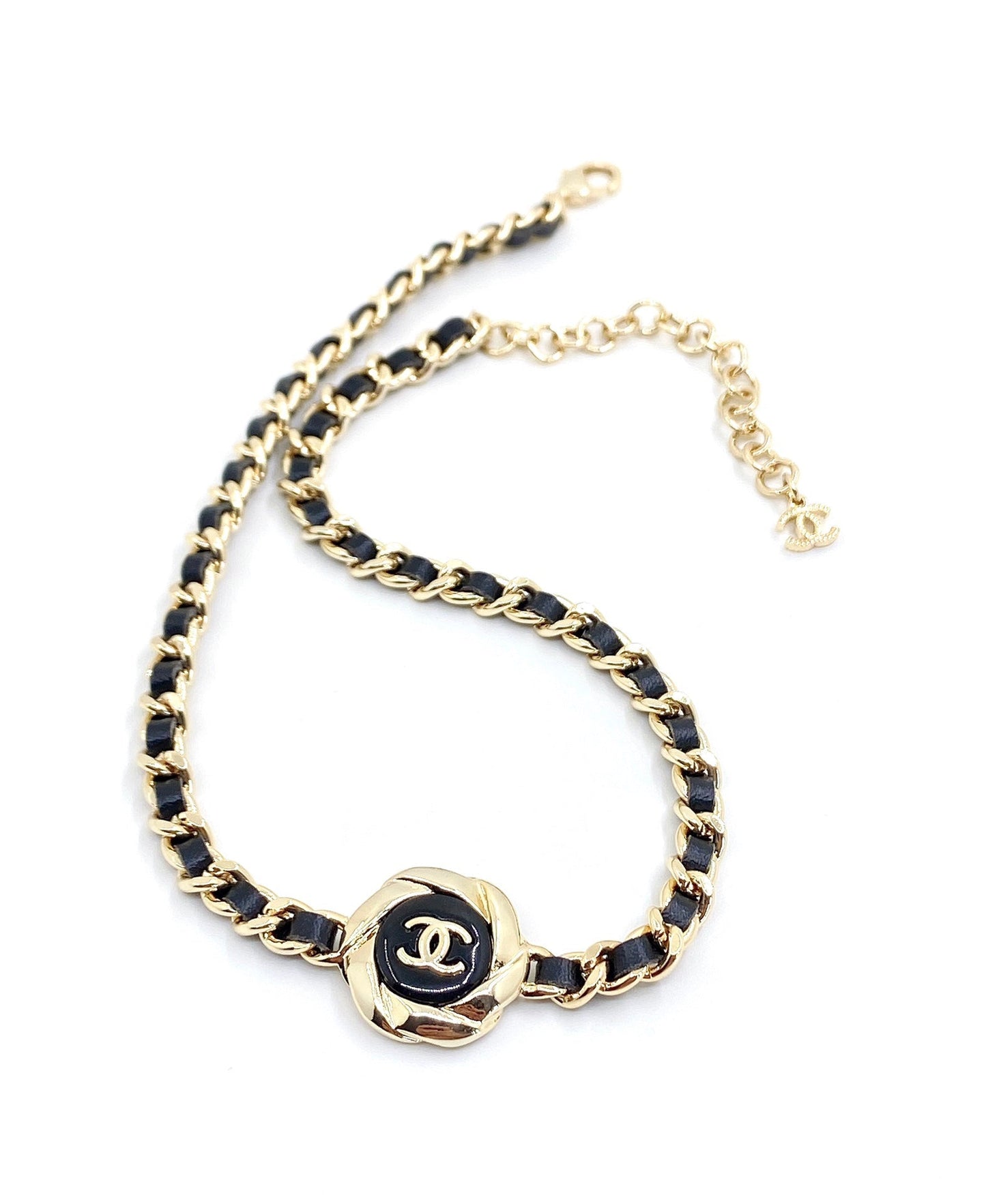 18K  Chanel Rhinestone Leather Choker Necklace